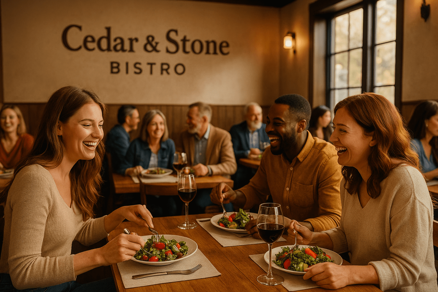 Interior of Cedar & Stone Bistro with happy guests dining, smiling, and enjoying their meals.